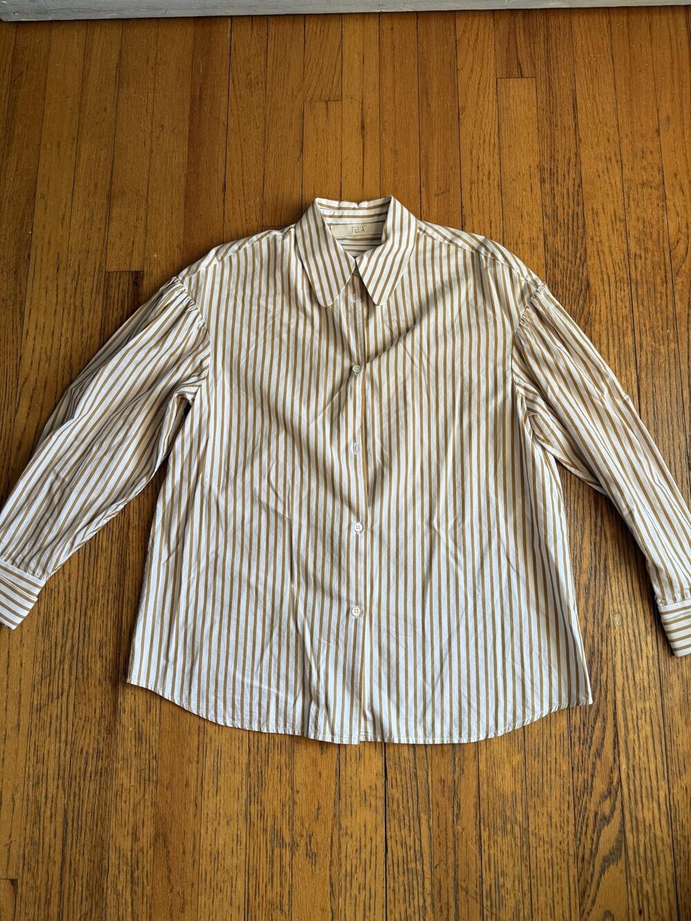 Tela Shirt Womens Small White Tan Stripe Made in Italy Camelia Pacha Cotton